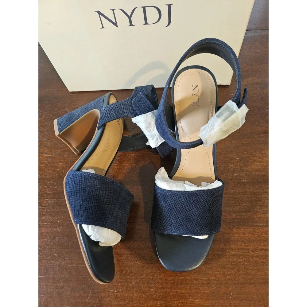 NYDJ Liz Suede Navy Blue Canvas Block Heel Ankle Strap Sandals Size 10 M New